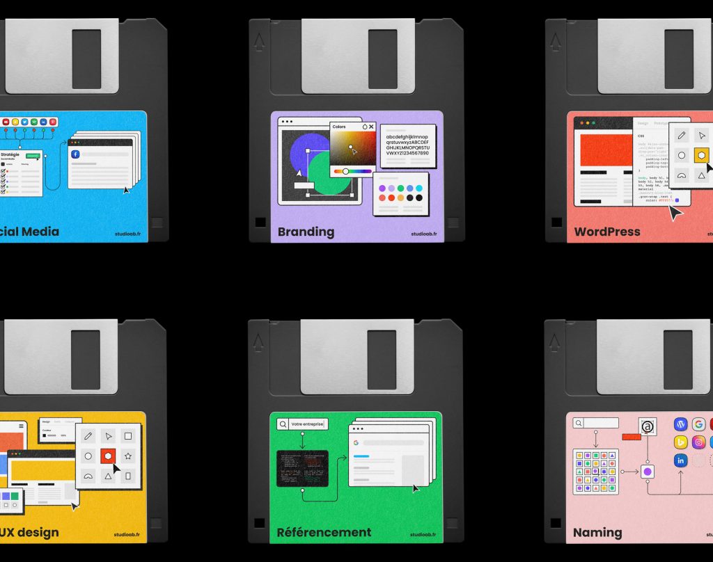 Montage photo des services du Studio AB présentés sous forme de disquettes d'ordinateur.